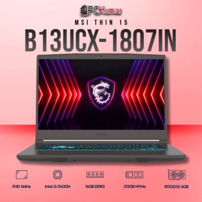 MSI Thin 15 B13UCX-1807IN laptop with i5-13420H, RTX 2050, 16GB RAM, 512GB storage, and a 15.6-inch FHD 144Hz display.