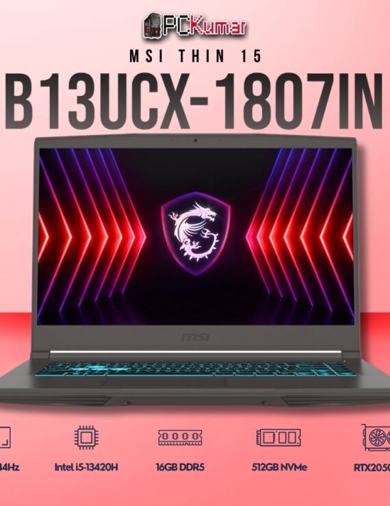 MSI Thin 15 B13UCX-1807IN laptop with i5-13420H, RTX 2050, 16GB RAM, 512GB storage, and a 15.6-inch FHD 144Hz display.