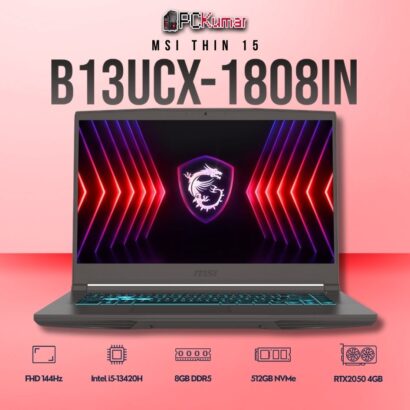 MSI Thin 15 B13UCX-1808IN laptop featuring i5-13420H, RTX 2050, 8GB RAM, 512GB storage, and a 15.6-inch FHD 144Hz display.