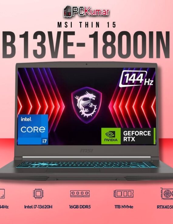 MSI Thin 15 B13VE-1800IN laptop featuring i7-13620H, RTX 4050, 16GB RAM, 1TB storage, and a 15.6-inch FHD 144Hz display.
