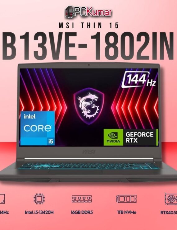 MSI Thin 15 B13VE-1802IN laptop with i5-13420H, RTX 4050, 16GB RAM, 1TB storage, and a 15.6-inch FHD 144Hz display.