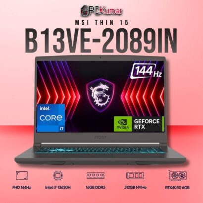 MSI Thin 15 B13VE-2089IN laptop featuring i7-13620H, RTX 4050, 16GB RAM, 512GB storage, and a 15.6-inch FHD 144Hz display.