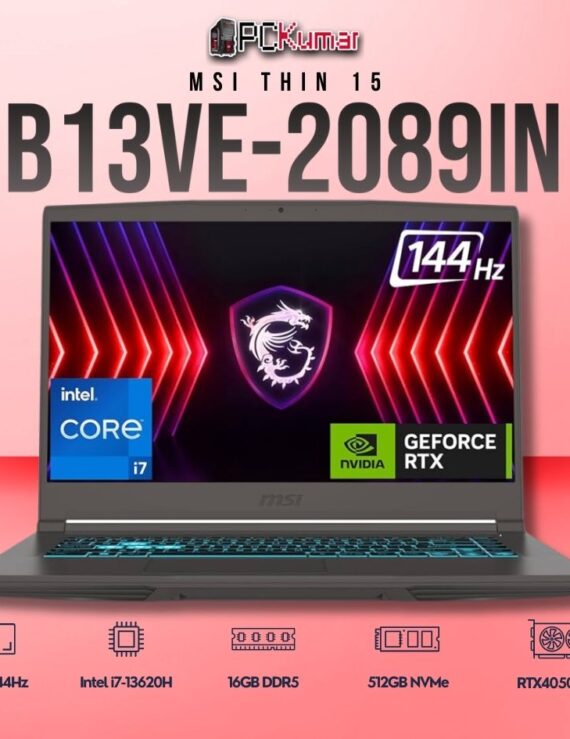 MSI Thin 15 B13VE-2089IN laptop featuring i7-13620H, RTX 4050, 16GB RAM, 512GB storage, and a 15.6-inch FHD 144Hz display.