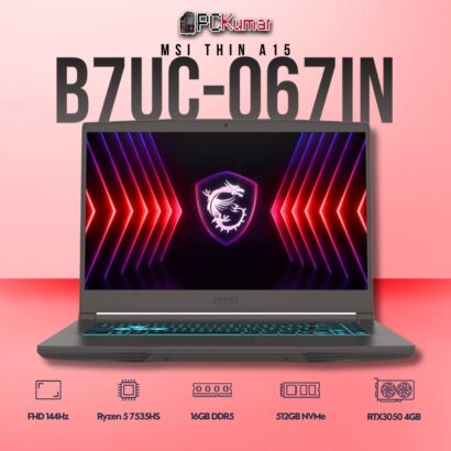 MSI Thin A15 B7UC-067IN laptop featuring Ryzen 5 7535HS, RTX 3050, 16GB RAM, 512GB storage, and a 15.6-inch FHD 144Hz display.