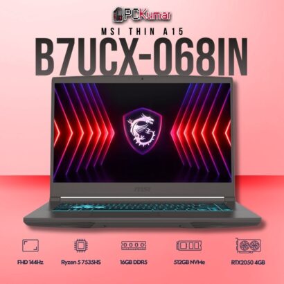 MSI Thin A15 B7UCX-068IN laptop featuring Ryzen 5 7535HS, RTX 2050, 16GB RAM, 512GB storage, and a 15.6-inch FHD 144Hz display.