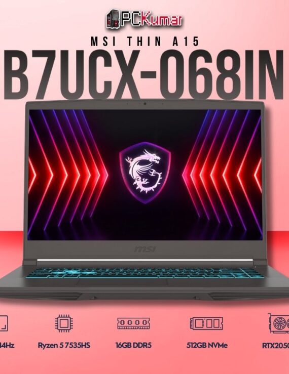 MSI Thin A15 B7UCX-068IN laptop featuring Ryzen 5 7535HS, RTX 2050, 16GB RAM, 512GB storage, and a 15.6-inch FHD 144Hz display.