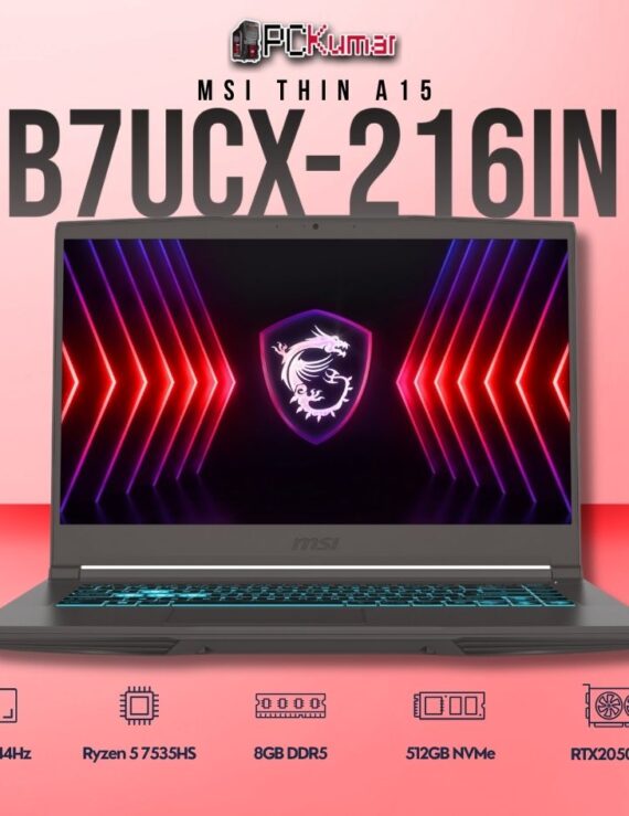 MSI Thin A15 B7UCX-216IN laptop featuring Ryzen 5 7535HS, RTX 2050, 8GB RAM, 512GB storage, and a 15.6-inch FHD 144Hz display.