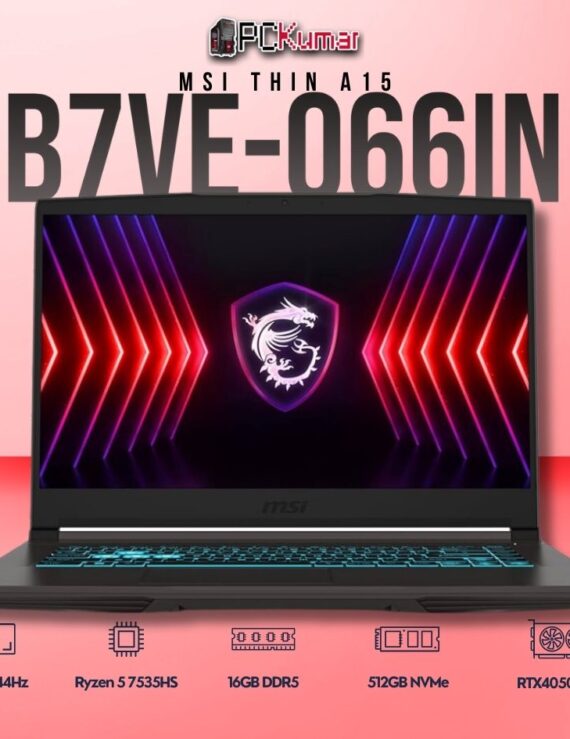 MSI Thin A15 B7VE-066IN laptop featuring Ryzen 5 7535HS, RTX 4050, 16GB RAM, 512GB storage, and a 15.6-inch FHD 144Hz display.