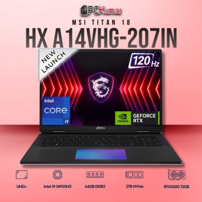 MSI Titan 18 A14VHG-207IN laptop with i9-14900HX, RTX 4080, 64GB RAM, 2TB storage, and an 18-inch UHD+ mini LED display.