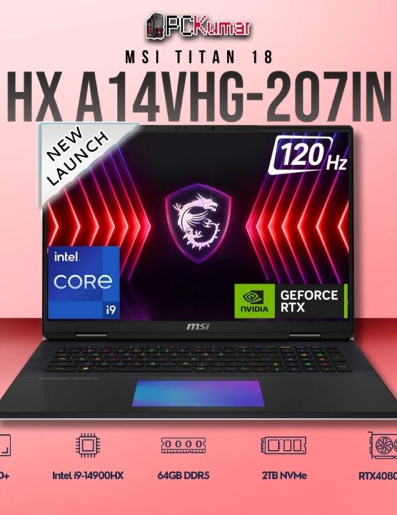 MSI Titan 18 A14VHG-207IN laptop with i9-14900HX, RTX 4080, 64GB RAM, 2TB storage, and an 18-inch UHD+ mini LED display.