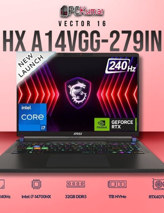 MSI Vector 16 A14VGG-279IN laptop with i7-14700HX, RTX 4070, 16GB RAM, 1TB storage, and a 16-inch QHD+ 240Hz display.