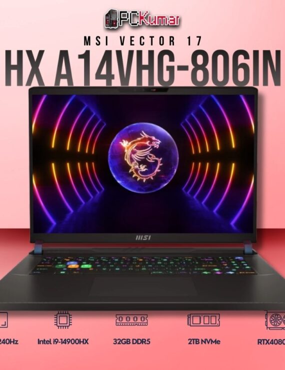 MSI Vector 17 A14VHG-806IN laptop with i9-14900HX, RTX 4080, 32GB RAM, 2TB storage, and a 17-inch QHD+ 240Hz display.