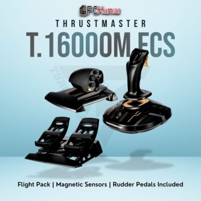 Thrustmaster T.16000M FCS Flight Pack combining joystick, throttle, and pedals for a comprehensive PC flight sim setup.