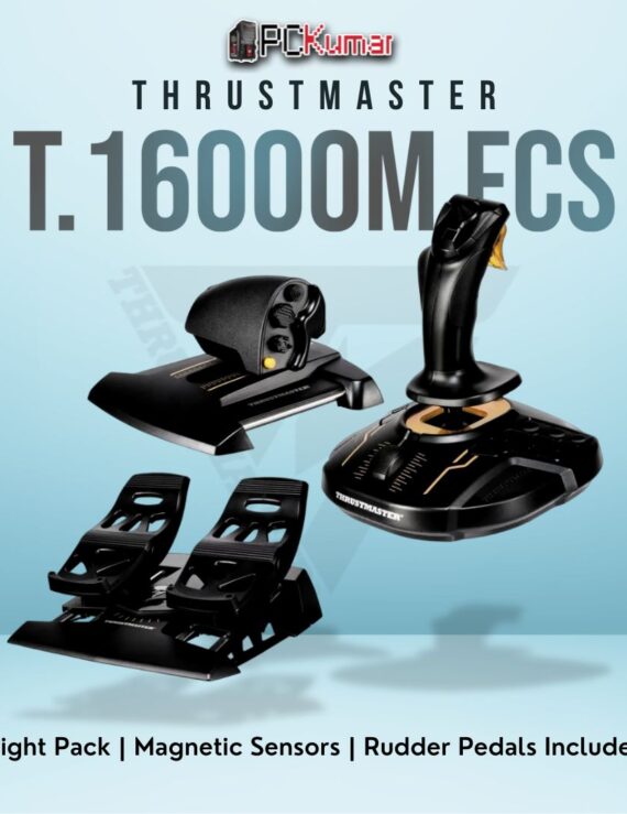 Thrustmaster T.16000M FCS Flight Pack combining joystick, throttle, and pedals for a comprehensive PC flight sim setup.