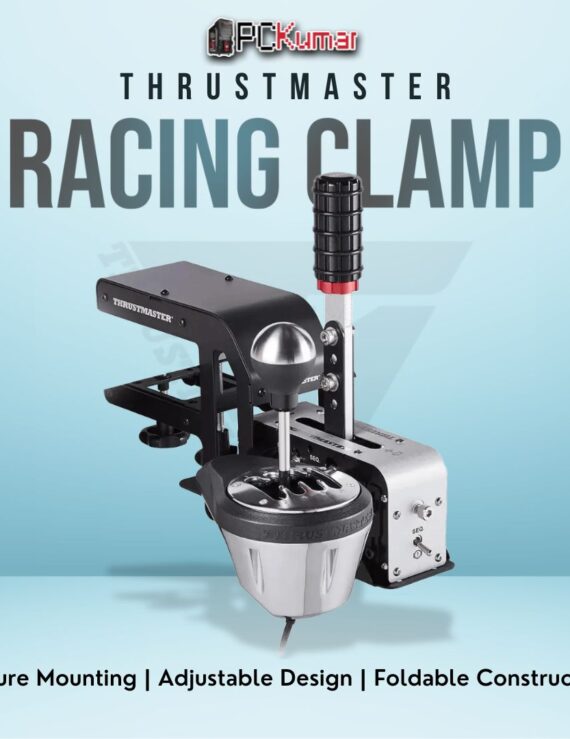 Thrustmaster TM Racing Clamp offering adjustable mounting for wheels and shifters on various desk setups.