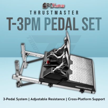 Thrustmaster T-3PM pedal set featuring accelerator, brake, and clutch with customizable pressure for a realistic racing experience.