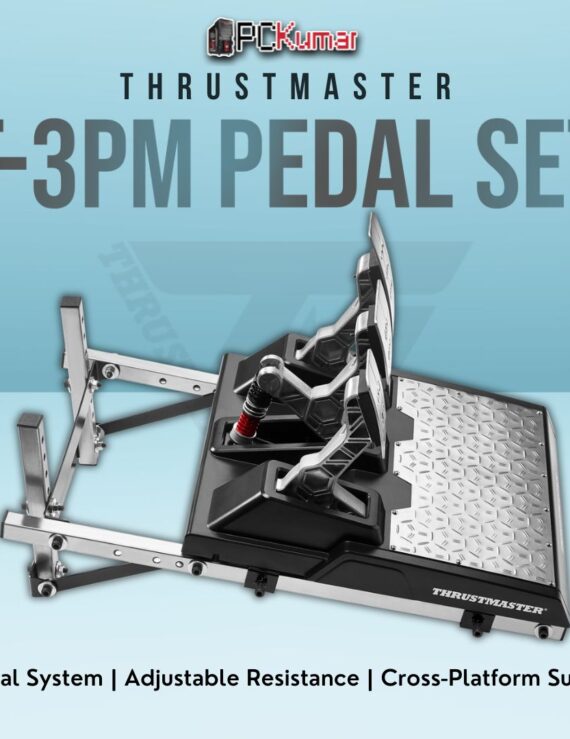 Thrustmaster T-3PM pedal set featuring accelerator, brake, and clutch with customizable pressure for a realistic racing experience.