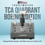 Thrustmaster TCA Quadrant Boeing Edition with twin-engine levers and flight controls, suitable for Xbox and PC sims.