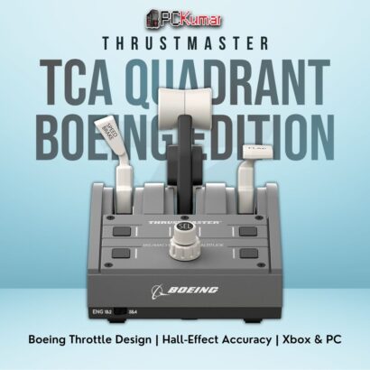 Thrustmaster TCA Quadrant Boeing Edition with twin-engine levers and flight controls, suitable for Xbox and PC sims.
