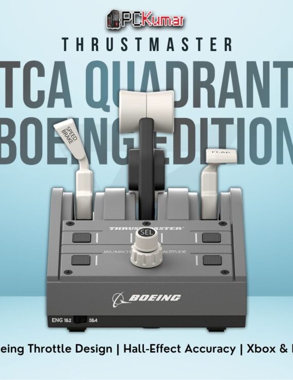 Thrustmaster TCA Quadrant Boeing Edition with twin-engine levers and flight controls, suitable for Xbox and PC sims.