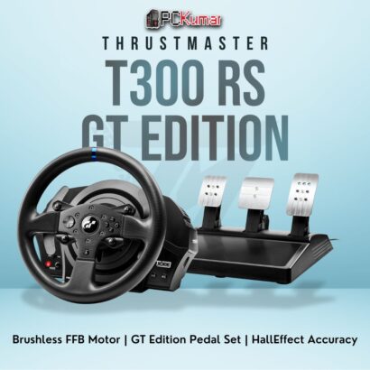 Thrustmaster T300 RS GT Edition featuring brushless force feedback motor and official Gran Turismo branding.