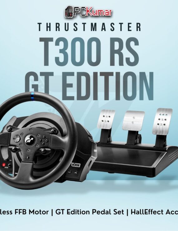 Thrustmaster T300 RS GT Edition featuring brushless force feedback motor and official Gran Turismo branding.