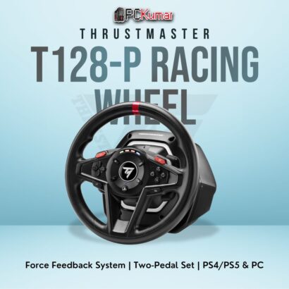 Thrustmaster T128-P Racing Wheel with included pedals, offering enhanced driving immersion on PlayStation and PC.