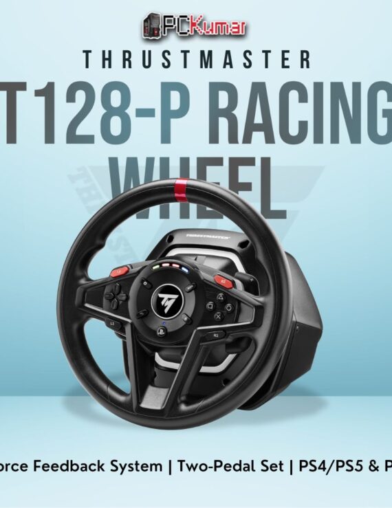 Thrustmaster T128-P Racing Wheel with included pedals, offering enhanced driving immersion on PlayStation and PC.