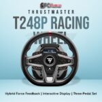 Thrustmaster T248P Racing Wheel featuring a built-in display, three pedals, and hybrid force feedback for PlayStation and PC.