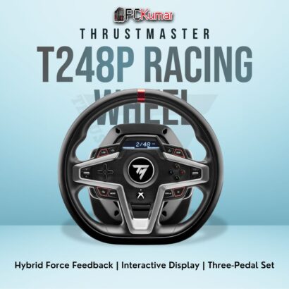 Thrustmaster T248P Racing Wheel featuring a built-in display, three pedals, and hybrid force feedback for PlayStation and PC.