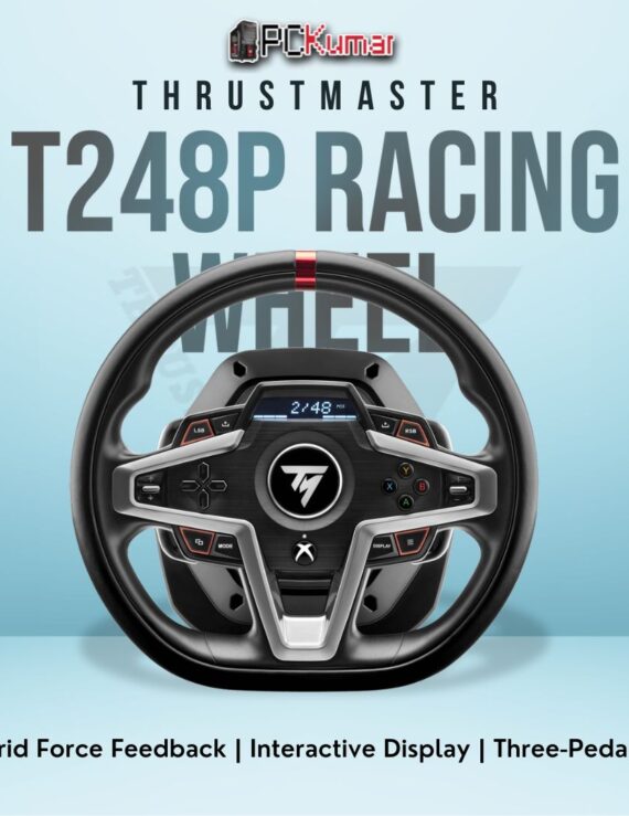 Thrustmaster T248P Racing Wheel featuring a built-in display, three pedals, and hybrid force feedback for PlayStation and PC.