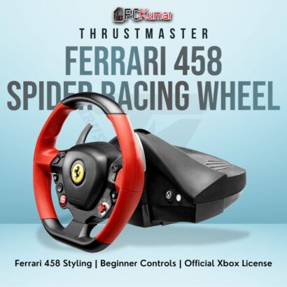 Thrustmaster Ferrari 458 Spider Racing Wheel in Ferrari red-and-black style, created for Xbox racing titles.