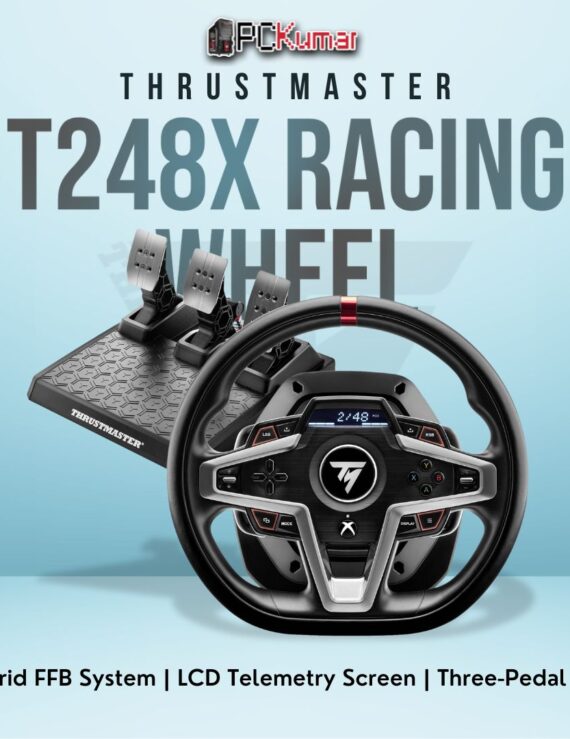 Thrustmaster T248X Racing Wheel with a hybrid drive system and advanced pedals for Xbox and PC simulation.