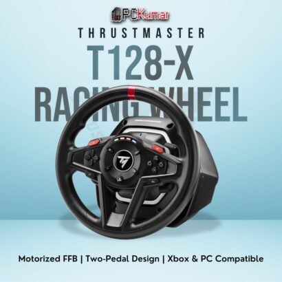 Thrustmaster T128-X Racing Wheel featuring force feedback and a two-pedal set for immersive Xbox and PC driving.
