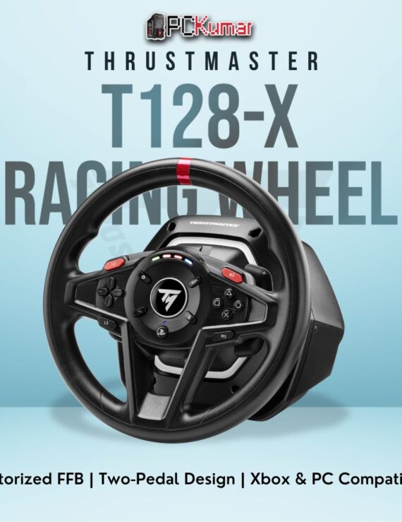Thrustmaster T128-X Racing Wheel featuring force feedback and a two-pedal set for immersive Xbox and PC driving.