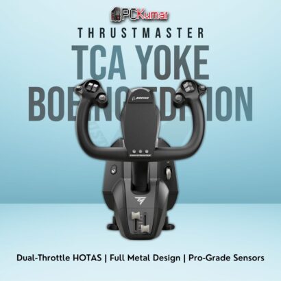 Thrustmaster TCA Yoke Boeing Edition capturing authentic 787-style flight controls with integrated throttle levers.
