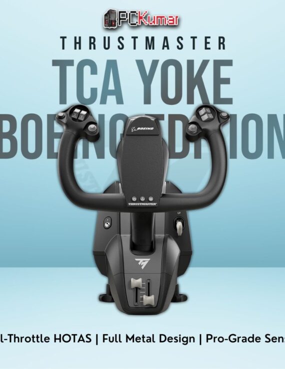 Thrustmaster TCA Yoke Boeing Edition capturing authentic 787-style flight controls with integrated throttle levers.