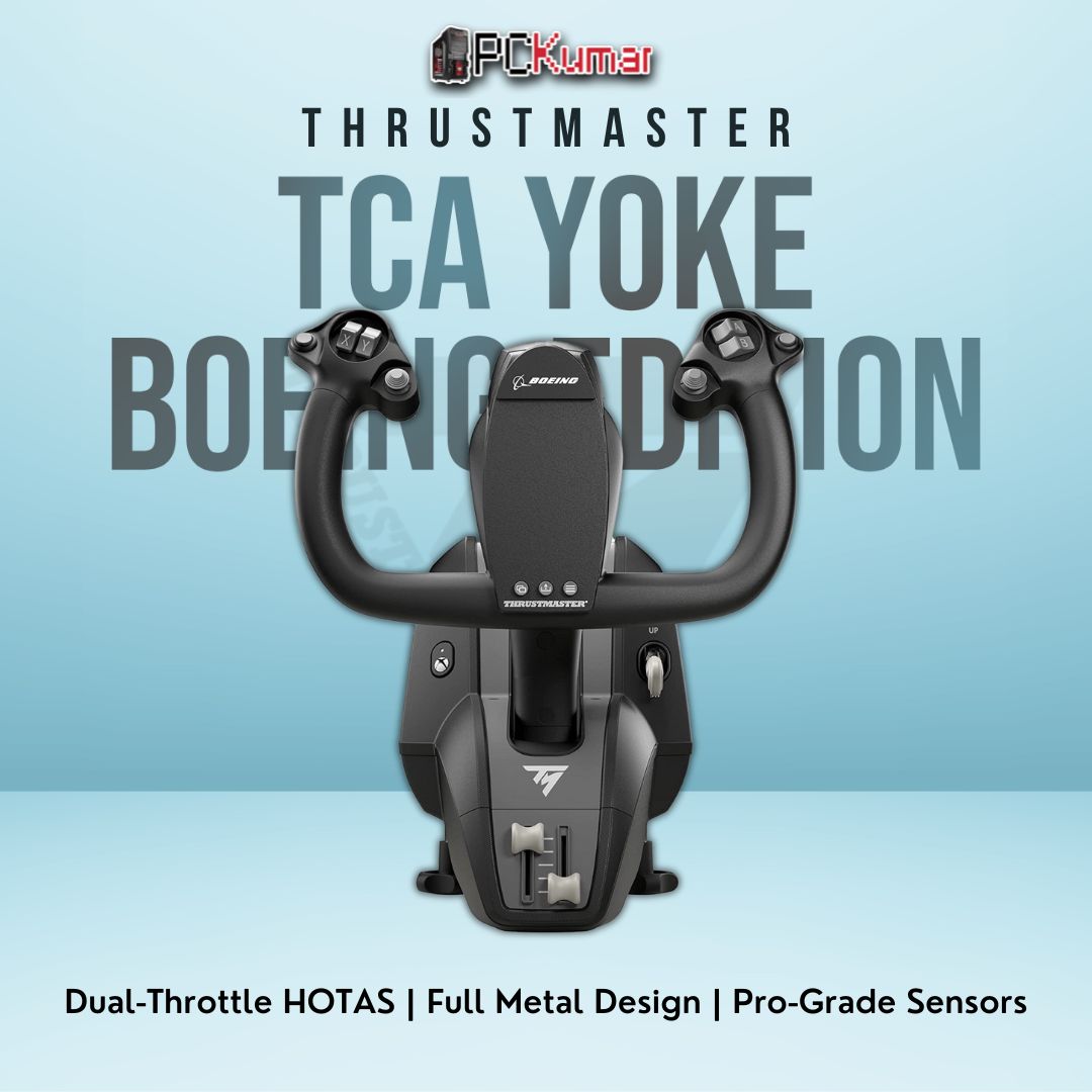 Thrustmaster TCA Yoke Boeing Edition capturing authentic 787-style flight controls with integrated throttle levers.