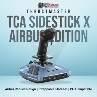Thrustmaster TCA Sidestick X Airbus Edition featuring an Airbus-style layout and adjustable button configurations for flight sims.