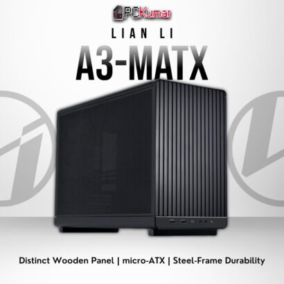 Lian Li A3-mATX black wooden chassis showcasing micro-ATX compatibility and stylish wood front design.