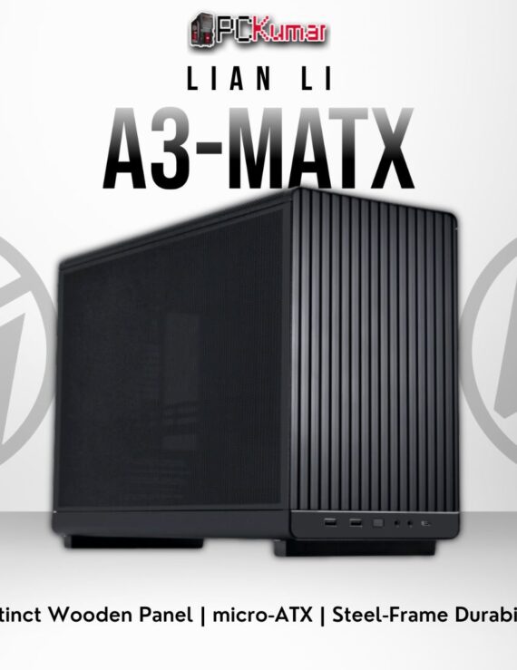 Lian Li A3-mATX black wooden chassis showcasing micro-ATX compatibility and stylish wood front design.