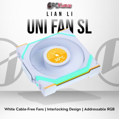 Lian Li UNI FAN SL Wireless 120 triple pack in white, offering modular snap-in setup and vibrant LED lighting.