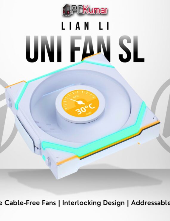 Lian Li UNI FAN SL Wireless 120 triple pack in white, offering modular snap-in setup and vibrant LED lighting.