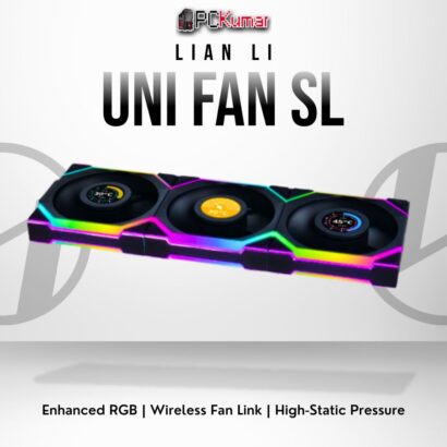 Lian Li UNI FAN SL Wireless 120 triple pack in black, advanced RGB with cable-free link design.