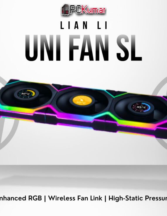Lian Li UNI FAN SL Wireless 120 triple pack in black, advanced RGB with cable-free link design.