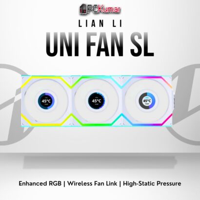 Lian Li UNI FAN SL Wireless 120 triple pack in white, featuring a snap-in design and bright RGB effects.