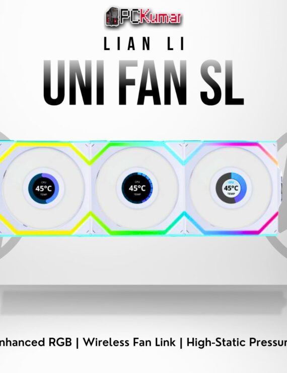 Lian Li UNI FAN SL Wireless 120 triple pack in white, featuring a snap-in design and bright RGB effects.