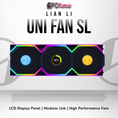 Lian Li UNI FAN SL Wireless LCD 120 triple pack (black) featuring integrated LCD readouts and cable-free setup.