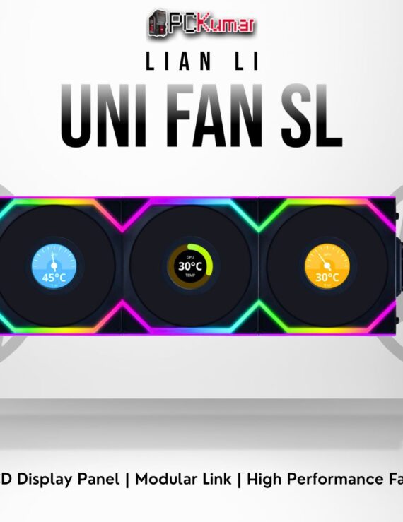 Lian Li UNI FAN SL Wireless LCD 120 triple pack (black) featuring integrated LCD readouts and cable-free setup.