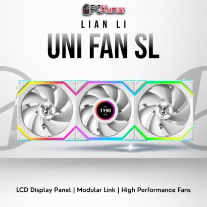 Lian Li UNI FAN SL Wireless LCD 120 triple pack in white with integrated LCD screen and cable-free modular design.
